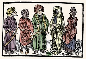 Representation of buckwheat. Men with arms with intertwined heads and veiled women. Xylography of the 15th century by Unknown artist