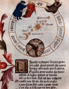 Representation of the Italian poet Dante Alighieri and the ptolemaic system - Miniature
