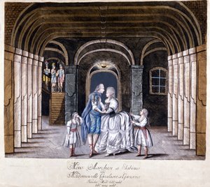 Representation of the opera “Giulio Sabino” by Giuseppe Sarti (1729-1802) in Vienna in 1785. On stage Caterina (Katharina) Cavalieri and the castrate Luigi Marchesi. by Unknown artist