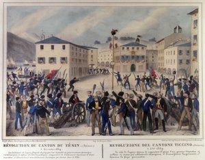 Revolution of the Canton of Ticino in Switzerland on 5 December 1859. Engraving of the 19th century by Unknown artist