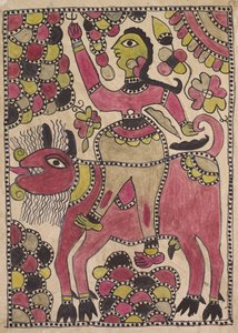 Rider and Four-Legged Bovine Creature in Mauve, Chartreuse and Black Palette by Unknown artist