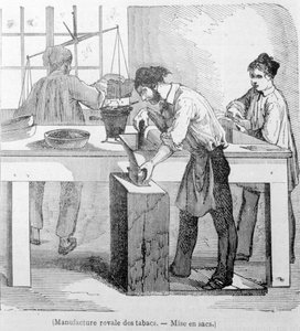 Royal Tobacco Manufacture: the bag of tobacco. 19th century engraving.
