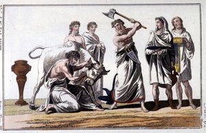 Sacrifice of a bull among the Celts. 19th century engraving. by Unknown artist