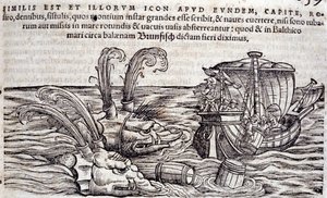 Sailors throw barrels into the sea to distract monsters in pursuit. Engraving in 