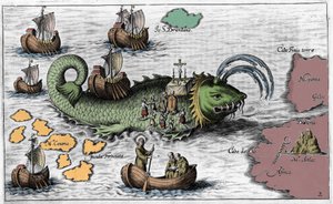 Saint Brendan (Brandan), hero and Irish saint of the 6th century, celebrating Mass on the back of the Giant Whale Jasconius. Legend says that his boat was carried on the back of a whale. Colourful engraving 17th century by Unknown artist