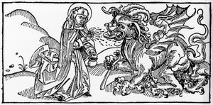 Saint Martha and the Tarasque - Engraving from “Leben der Heiligen - Sommerteil” (The Book of the Saint) by Jacobus (James) of Voragine (1228-1298). Lubeck 1488 by Unknown artist