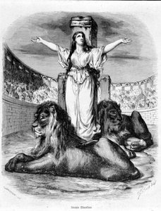 Sainte Blandine in the arena, the lions lying at his feet (Christian persecutions in Lyon) - in 