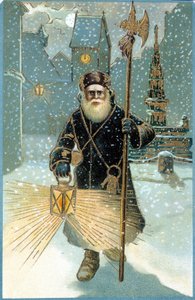 Santa Claus in the night with lantern. 19th century postcard