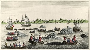 Scene of whale fishing in Greenland in the 18th century, anonymous popular print of the period by Unknown artist