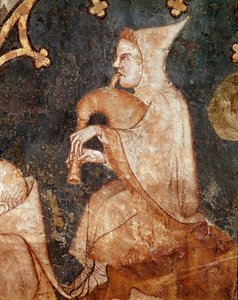Shepherd Blowing in a Bagpipe. Detail. 14th century fresco. From Olite (Navarre). Museum of Navarre, Pamplona by Unknown artist