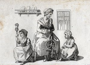 Spinning: mother and her daughters spinning wool. End engraving of the 18th century. Private collection. by Unknown artist