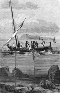 Sponge fishing along the coast of Syria: divers descend to pick up the sponges by hand. Engraving of the 19th century