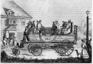 Steam car from Gurney experimented in London in 1827.