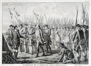 Surrender of the British army of Lord Cornwallis (1738 - 1805) to America on 19 October 1781
