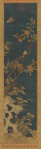 Tapestry: Birds, Peach-Tree, Rocks, and Flowers on a Blue Ground by Unknown artist