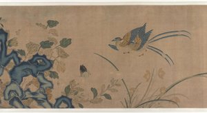 Tapestry of Flowers, a Rock, Birds, and Butterflies