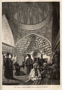 Tatars in prayer, in the Mosque of Schusha (Transcaucasia, Russia). Engraving to illustrate the voyage in the provinces of the Caucasus, by Basile Vereschaguine, in 1864-1865, published in le tour du monde, under the direction of Edouard Charton, Ha by Unknown artist