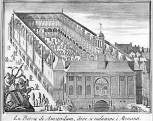 The Amsterdam Stock Exchange where merchants gather. 18th century engraving. by Unknown artist