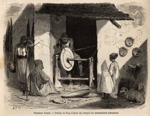 The Artisan Turner Kabyle in his workshop makes a huge wooden flat that is used for all purposes, domestic and agricultural, in Kabylia (Algeria). Engraving to illustrate the excursion to the great Kabylie, between the Mediterranean and the Djurjura, in 18 by Unknown artist