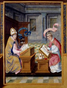 The Bishop of Jerusalem Saint Cyril (315-386) and Saint Augustine (354-430). Miniature on 16th century parchment