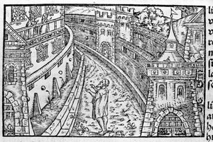 The Germanic Emperor Henry IV in Canossa. At the top left are the Countess Mathilde of Canossa and Pope Gregoire VII who had taken refuge in the castle. According to Johann Stum by Unknown artist