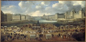 The Pont-Neuf, seen from the Place Dauphine entrance, the Quai Malaquais with the Collège des Quatre-Nations, the Grande Galerie and the Louvre, circa 1669. A procession passes over the bridge. Present-day 1st and 6th arrondissements, between 1665 and 1669