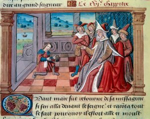 The Venetian navigator Marco Polo in front of the great Qubilai Khan, first emperor of the Mongolian Yuan dynasty. Miniature taken from 