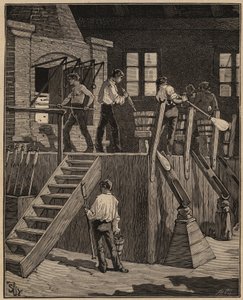 The art of glass: glass workers manufacturing glass according to the French method. Engraving from 1885 in 