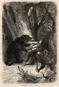 The author, during an excursion around Jacksonville, is surprised in the forest by a domestic bear and chain. Engraving to illustrate the story four months in Florida