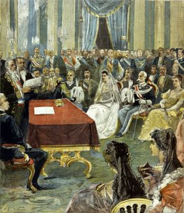 The civil marriage of the Prince of Naples with Princess Helene of Montenegro at the Quirinal Palace in 1896. Humbert I on the left of the bride by Unknown artist