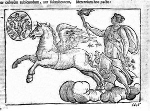 The dawn (the chariot of the sun). Allegory of the sunrise with the characters of Greek and Roman mythology in the sky. Engraving from Mythologiae sive explicationes fabularum by Natalis Comitis. 1637