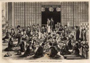 The dining room of the Yokohama Theatre is permanently filled, even during the performance. Engraving to illustrate the journey to Japan, by Aime Humbert, minister of the Swiss Confederation, in 1863-1864, published in 