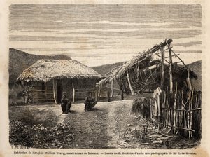 The dwelling and shipyard of an English builder near Noumea, who uses indigenous labour or condemns them until the end of their time of hard work. Engraving to illustrate the voyage to New Caledonia, by Jules Garnier, civil engineer of mines, in 18 by Unknown artist