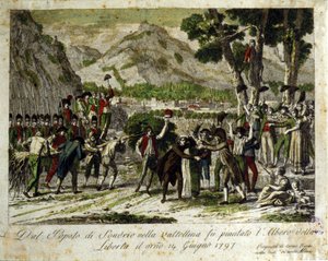 The inhabitants of Sondrio de la Valtellina plant the tree of Liberty, symbol of victory over the Old Regime. Engraving by Unknown artist