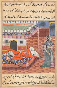The king dreams of a lady, the personification of wealth, departing from him on account of his purchasing a bowl and a staff from a yogi, from a Tuti-nama (Tales of a Parrot): Thirty-sixth Night by Unknown artist