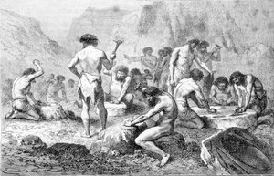 The manufacture and polishing of flint by prehistoric men in Pressigny. by Unknown artist