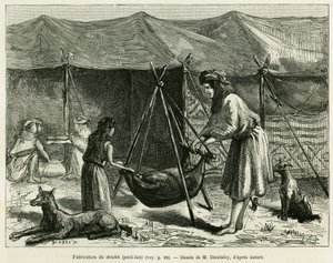 The manufacture of milk by the women of shepherds of the Karoun region. Engraving to illustrate the story 