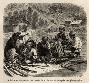 The manufacture of palm leaf baskets, for the collection of coffee. Engraving to illustrate the voyage to Brazil, story by M. and Mme Agassiz, in 1865-1866, published in 