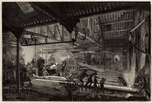 The manufacture of the rails in the old forges of Le Creusot, the steel strips, white of heat, extend in rails between the rolling mills. Engraving to illustrate a voyage to the Creusot and the mines of Saone and Loire, in 1865, by L. Simonin, in 