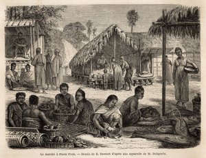 The market in Phnom Penh, where Malaysian shopkeepers and Chinese traders offer a wide range of consumer and manufacturing products. Engraving to illustrate the voyage of exploration in Indochina, by Francis Garnier, lieutenant de Vaissseau, in 1866-1868