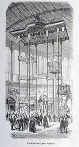 The mechanical lift of the engineer Edoux at the world exhibition of 1867 (engraving) by Unknown artist