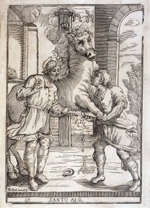 The miracle of Saint Eloi (healing an amputee horse) - engraving by Unknown artist