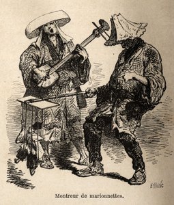 The Puppetry Show and the Musician Who Accompanies Him for Street Entertainment. Engraving to Illustrate the Journey to Japan, by Aime Humbert, Minister of the Swiss Confederation, in 1863-1864, Published in Le Tour du Monde, Nouveau Journal des Voyages
