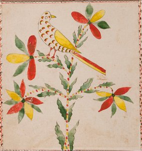 Tiny Yellow and Red Bird on Flowering Twig by Unknown artist