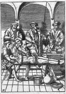 Torture in the Middle Ages: the question of water. Tied by strings, water is poured on a cloth that is pushed to the bottom of his throat. Engraving of the 18th century after an engraving of the Middle Ages by Unknown artist