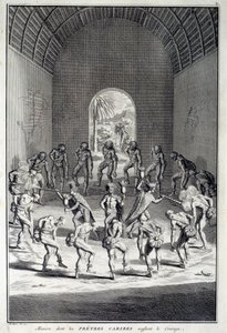 Traditional dance: Rites in the Karibs dance of courage, West Indies (Central America). Engraving of the 18th century by Unknown artist
