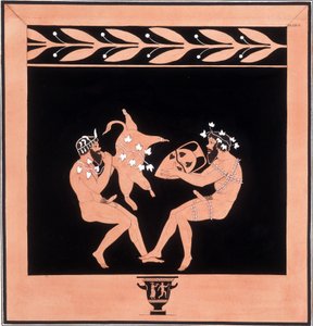 Two Fauns Eating and Drinking Wine - Paintings of Ancient Vases, Commonly Referred to as Etruscan, Drawn from Various Collections and Engraved by A. Clener, Accompanied by Explanations by A.L. Millen. By Dubois-Maisonneuve. Library of Maisons Alfort, Veter
