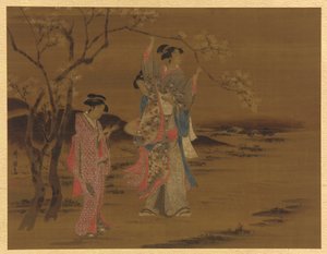 Two Girls and a Man Under a Cherry Tree