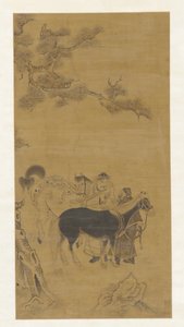 Two Men and Two Horses Under a Pine Tree