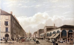 View of New York: Market at Fulton Street. SD lithography around the middle of the 19th century.